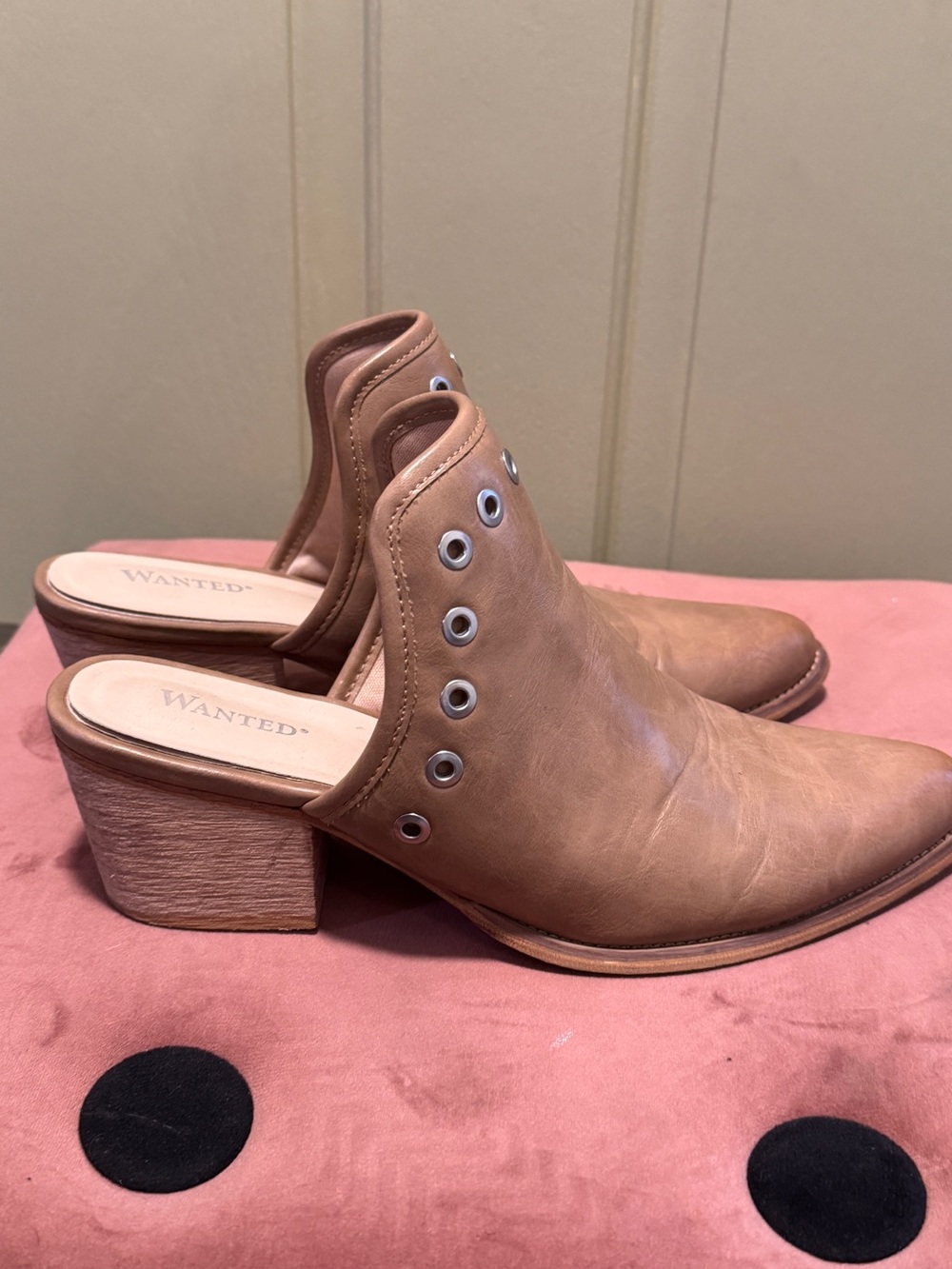 WANTED Tan Leather Slip-On Mule with Silver Grommets  Lucca western-inspired